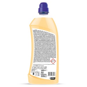 Flacone di detergente per superfici t.b.t., liquido giallo chiaro con tappo blu.