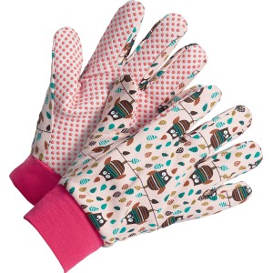 Guanti da lavoro per bambini 'Wurm' rosa, taglia 5, con motivo a gufo.