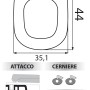 Disegno tecnico del sedile WC con dimensioni e dettagli di montaggio, cerniere e paracolpi.
