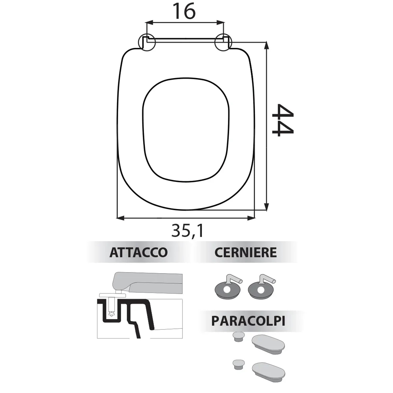 Disegno tecnico del sedile WC con dimensioni e dettagli di montaggio, cerniere e paracolpi.