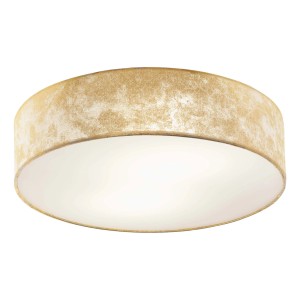 Plafoniera t.b.t. color oro con paralume rotondo per montaggio a soffitto.