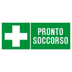 Cartello verde di pronto soccorso con croce bianca e scritta "Pronto Soccorso".