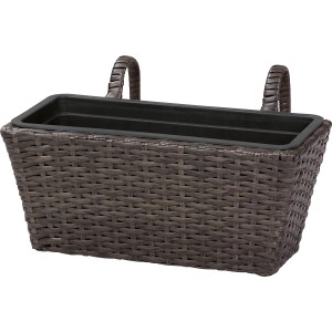 Fioriera da balcone in rattan marrone con inserto nero.
