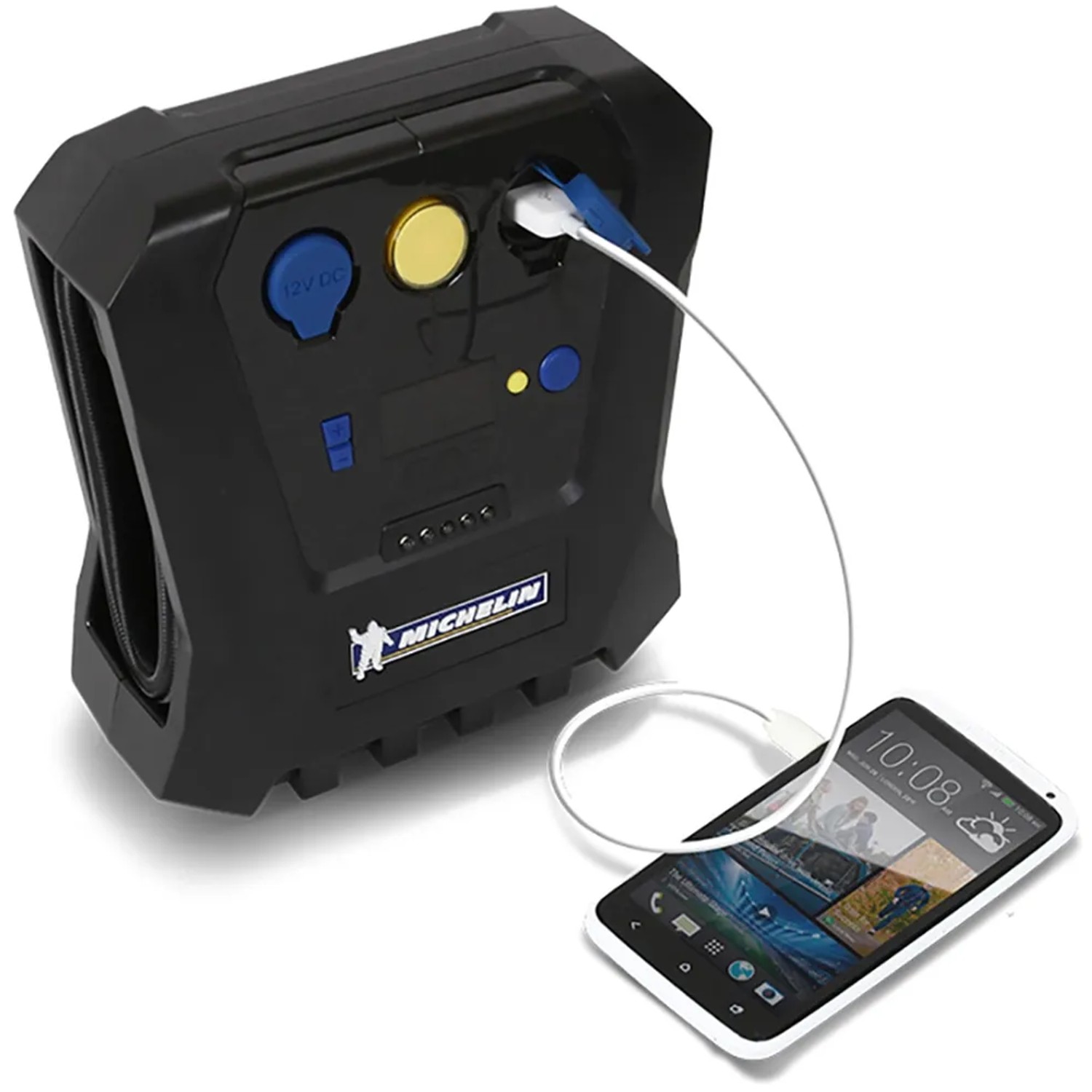 Accessorio auto Michelin: compressore nero che carica smartphone.
