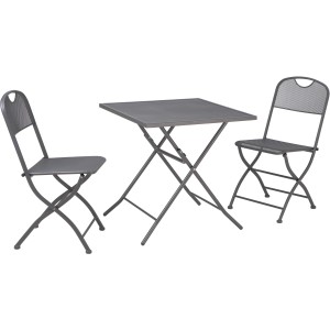 Set di mobili da giardino grigio: tavolo pieghevole e due sedie in metallo per patio e balcone.