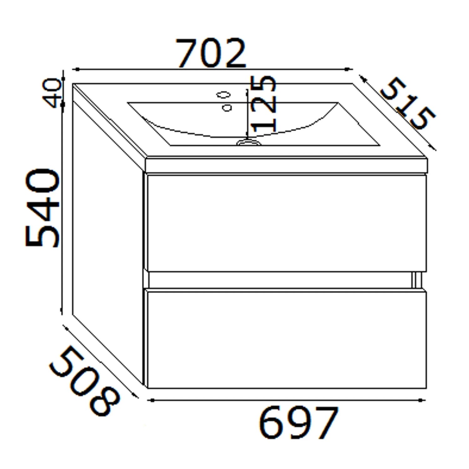 Disegno tecnico di un mobile bagno sospeso, dimensioni in mm.