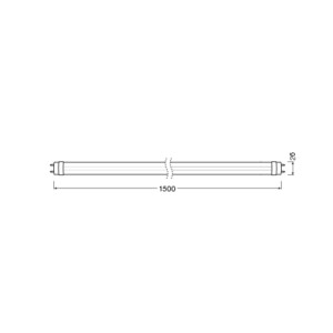 Disegno tecnico del tubo LED OSRAM T8. Mostra le dimensioni: lunghezza 1500 mm, diametro 26 mm.