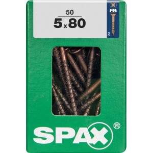 Viti per legno SPAX 5x80 mm, confezione da 50, per giunzioni in legno.