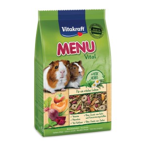 Vitakraft Cibo per cavie Vital, confezione da 1 kg con verdure, erbe e illustrazione di cavie.