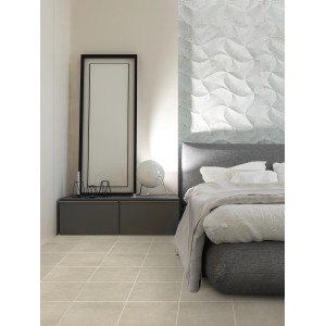 Piastrelle per pavimenti beige t.b.t. in camera da letto con letto e comodino.