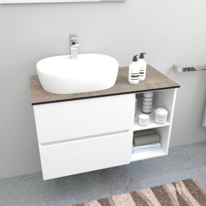 Mobile lavabo con lavabo d'appoggio, bianco e decoro legno, con cassetti e ripiani.