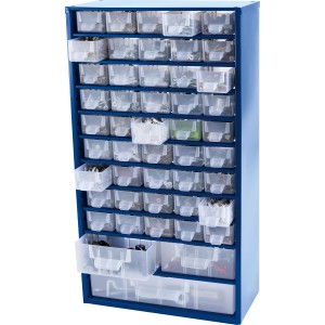 Magazzino in acciaio LUX blu con 48 cassetti trasparenti per lo stoccaggio di piccole parti.