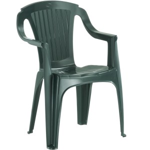 Sedia da giardino in plastica verde scuro con braccioli.