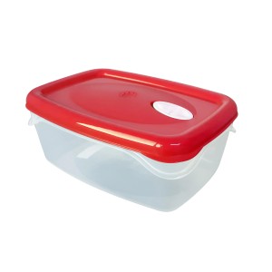 Contenitore t.b.t. con coperchio rosso, ideale per la cucina.