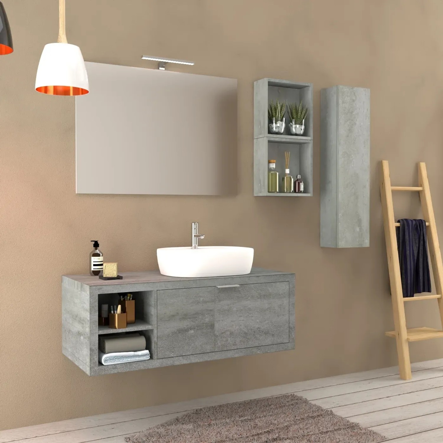 Set bagno moderno con lavabo, specchio e mobili grigi.