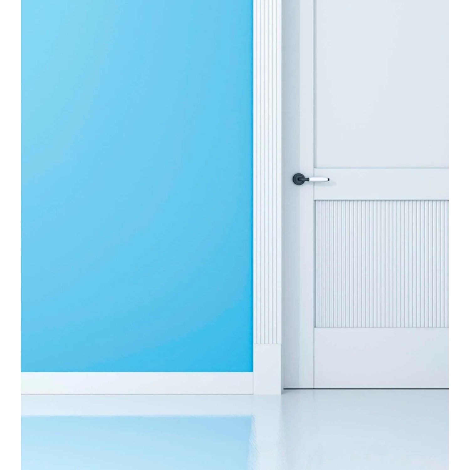 Dettaglio di una porta bianca su una parete blu.