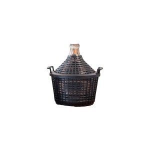 Dama in vetro con cesto in plastica nera per la produzione di vino o succo.