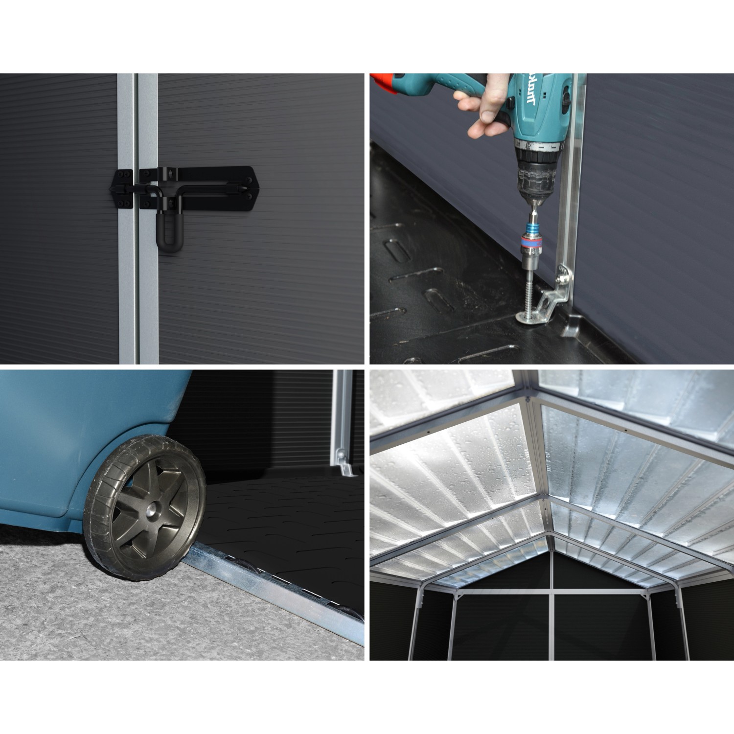 Viste dettagliate del capanno Palram Rubicon antracite: serratura, montaggio, ruota e struttura interna.