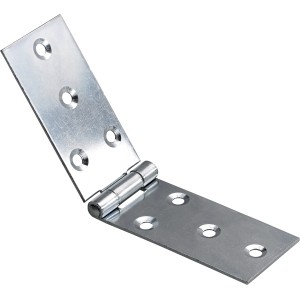 Cerniera per mobili aperta, color argento, con fori di montaggio.
