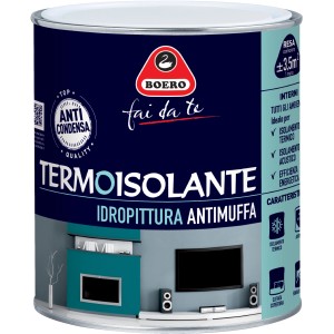 Barattolo blu scuro di pittura per interni Boero, termoisolante e antimuffa.