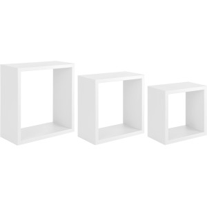 Set di tre mensole a muro bianche a forma di cubo (t.b.t.) di diverse dimensioni.
