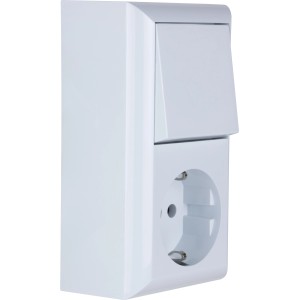 Combinazione bianca REV da esterno con interruttore e presa PlanoLuxe per interni.
