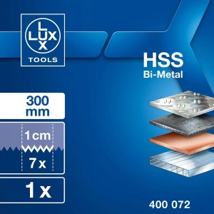 Lama per sega bimetallica LUX-TOOLS, 300mm, 18 denti, adatta a vari materiali.