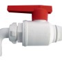 Rubinetto bianco con maniglia rossa per attrezzatura da campeggio.