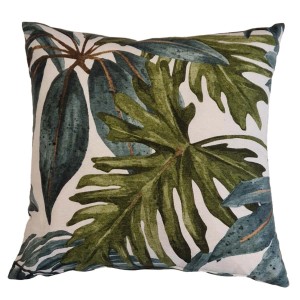 Cuscino da esterno quadrato con motivo a foglie tropicali.