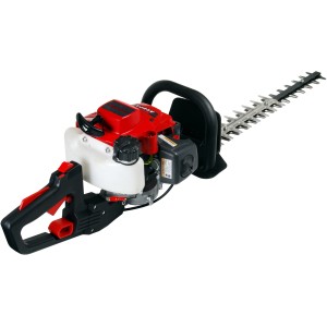 Tagliasiepi a scoppio con motore rosso e unità di taglio argentata.