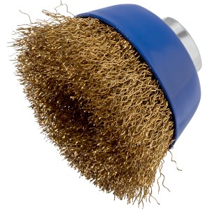 Spazzola a tazza in filo metallico per trapano con alloggiamento blu.