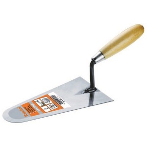 Cazzuola da muratore con manico in legno, utensile per muratura e piastrellatura.