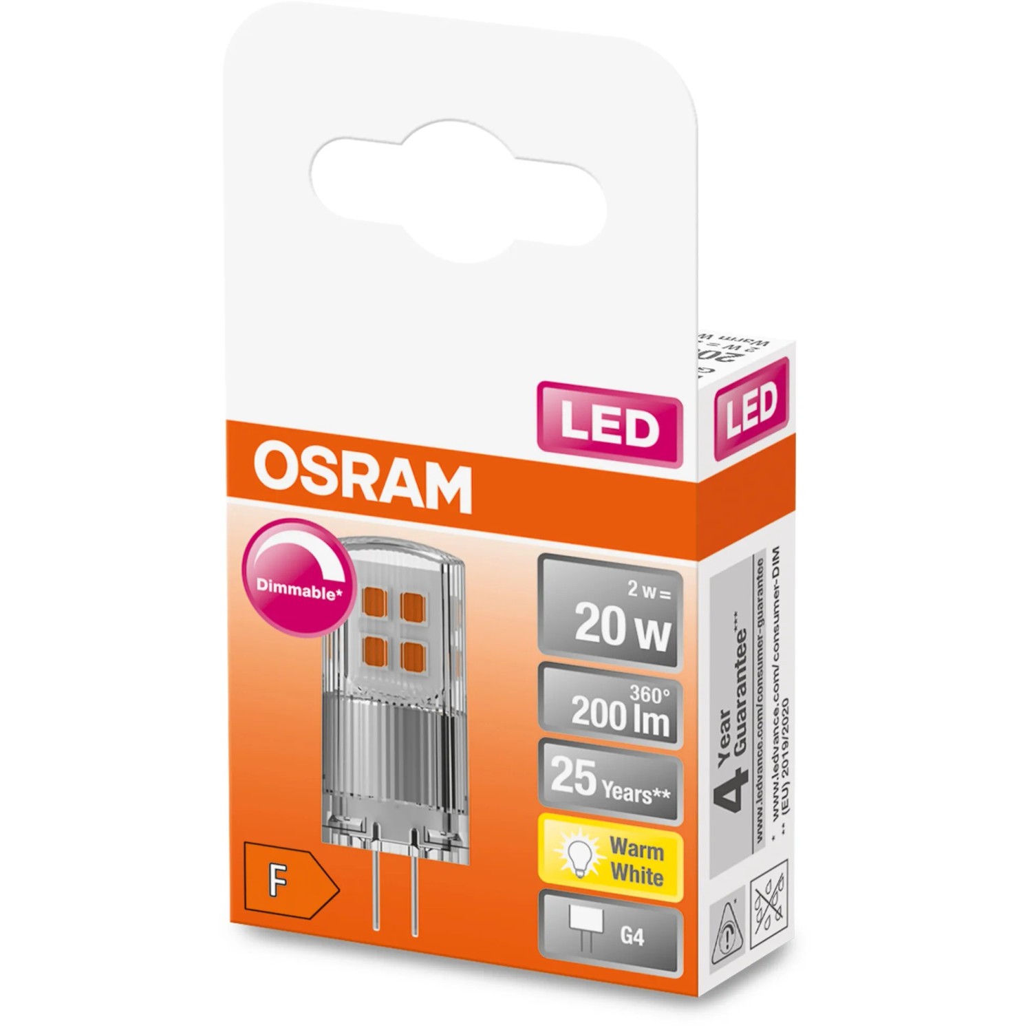 Lampadina LED Osram G4, 2W, bianco caldo, 200lm, EEC: F, 4x1,5cm nella scatola.