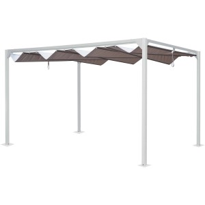 Gazebo moderno bianco con tenda parasole marrone retrattile.