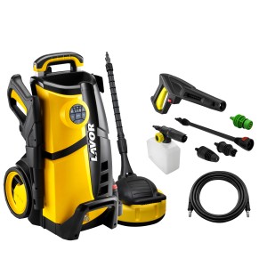 Idropulitrice giallo-nera con accessori come ugelli, pistola e tubo.