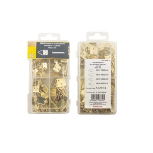 Set di ganci e occhielli dorati per appendere quadri, assortiti in scatola di plastica.