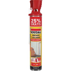 Bomboletta di schiuma poliuretanica Soudal con ugello rosso. Ideale per riempire e sigillare.