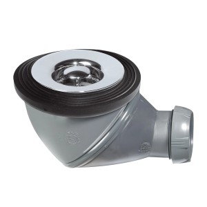 Sifone doccia grigio con raccordo di scarico cromato.