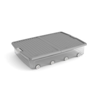 Contenitore t.b.t. grigio con coperchio e ruote. Pratico per la casa.