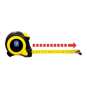 Metro a nastro LUX Comfort, 2 m, giallo-nero, con nastro esteso e freccia rossa.