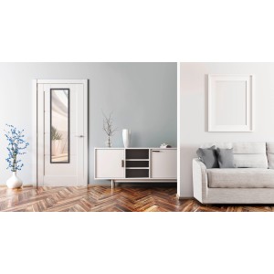 Specchio da porta Bea (30x120cm) nero di Mirrors & More su porta bianca in soggiorno.