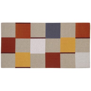 Tappeto moderno con motivo geometrico in beige, rosso, giallo e grigio.