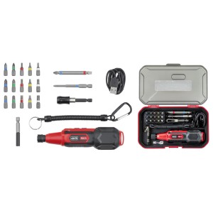 Set cacciaviti t.b.t. con inserti e cavo USB in custodia rossa.