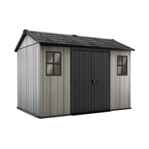 Casetta da giardino Keter Oakland 1175 nero-grigia con doppia porta e finestre.