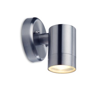 Moderna applique LED da esterno in acciaio inox, forma cilindrica.