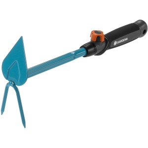 Attrezzo da giardino combinato Gardena con attacco blu e manico nero.