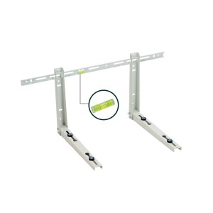 Supporto a muro bianco per climatizzatori con livella integrata.