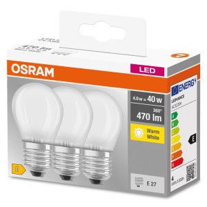 Confezione di lampadine LED E27 Osram, 4W, bianco caldo, 3 pezzi.