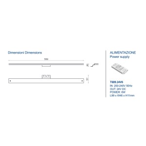 Disegno tecnico dell'accessorio per specchi t.b.t. con dimensioni e alimentatore.