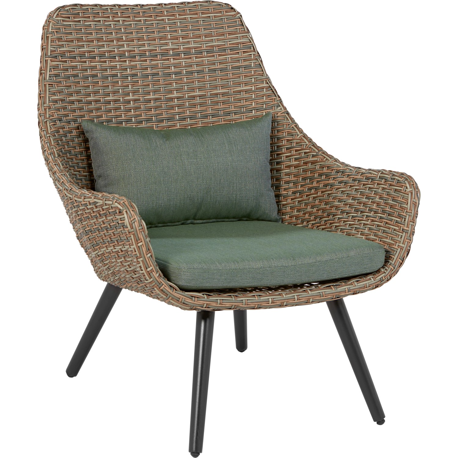 Sedia da balcone Aliceville in polyrattan verde-grigio con cuscino e imbottitura.